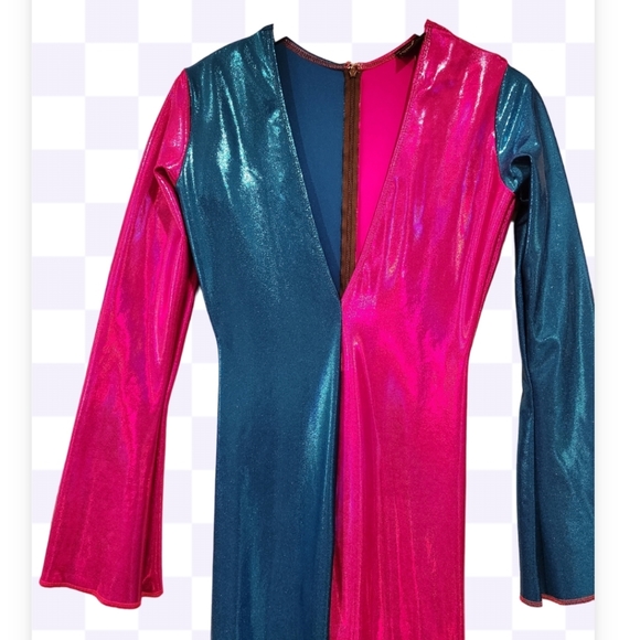 Super hot pink Metallic blue v neck fitted Jumpsuit.M8 costom made. - Picture 2 of 7